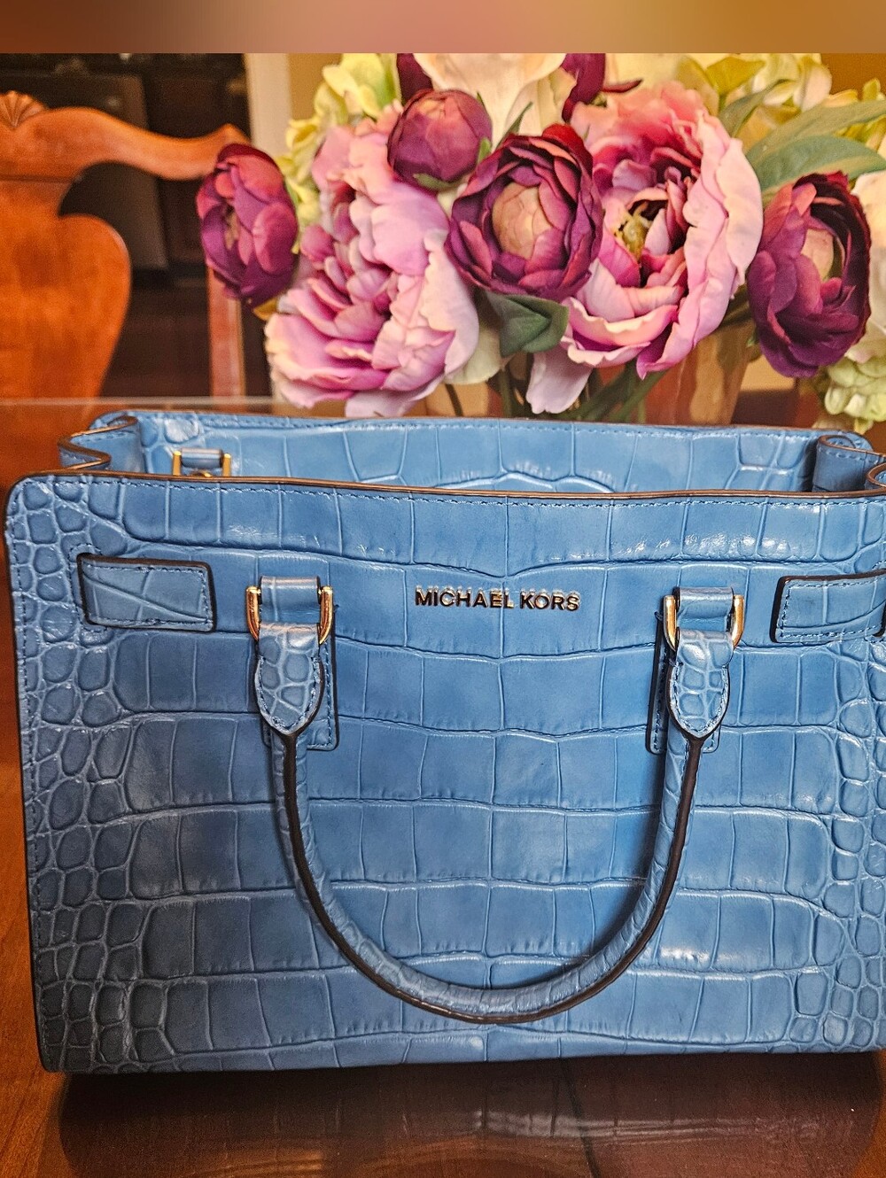 Michael Kors Dillon Blue Croc-Embossed Leather Tote